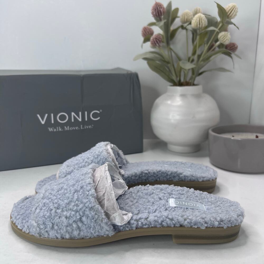 Vionic Demi Faux Natural Shearling Slip On Sandal Blue H7706F1400 Women 6M NWB